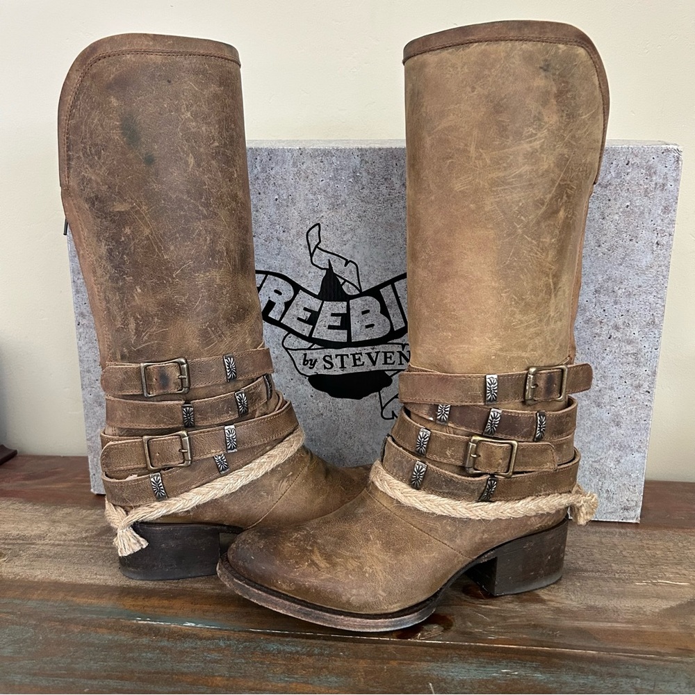 Freebird by Steven Brown Distressed Leather Mid-Calf Heeled Boots